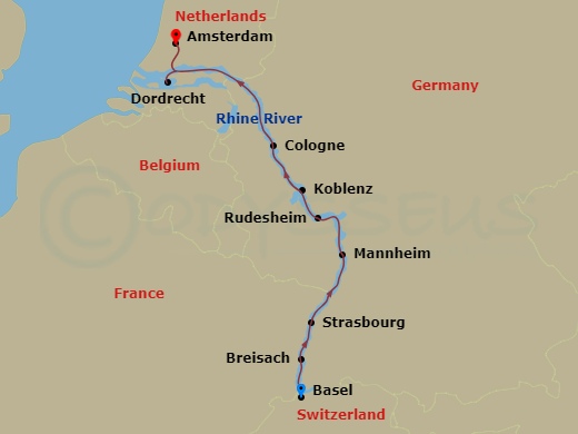 Viking Mani - 7 Night - Christmas On the Rhine - Viking Mani - Starting in Basel, Breisach, Strasbourg, Mannheim, Rudesheim, Middle Rhine Scenic Sailing, Koblenz, Cologne,.. itinerary map