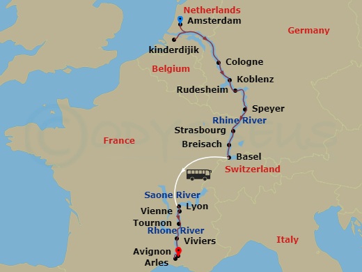 Viking Kara - 14 Night - Lyon, Provence & the Rhineland - Viking Kara - Starting in Amsterdam, Kinderdijk, Scenic Sailing Waal and Merwede, Cologne, Koblenz, Middle Rhine S.. itinerary map
