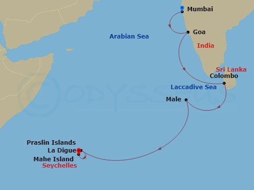 Crystal Symphony - 10 Night - Africa & Indian Ocean - Crystal Symphony - Starting in Mumbai, Mormugao (Goa), Colombo, Male, Praslin, La Digue, Mahe itinerary map