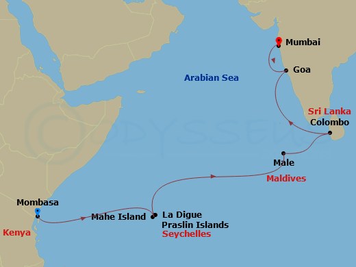 Crystal Symphony - 13 Night - Africa & Indian Ocean - Crystal Symphony - Starting in Mombasa, Mahe, Praslin, La Digue, Male, Colombo, Mormugao (Goa), Mumbai itinerary map