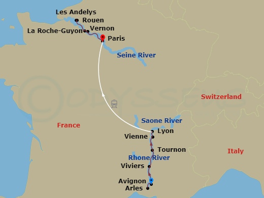 Viking Delling - 14 Night - France's Finest - Viking Delling - Starting in Avignon, Arles, Avignon, Viviers, Tournon, Scenic Sailing Rhone River, Vienne, Lyon, Paris, La Roche.. itinerary map