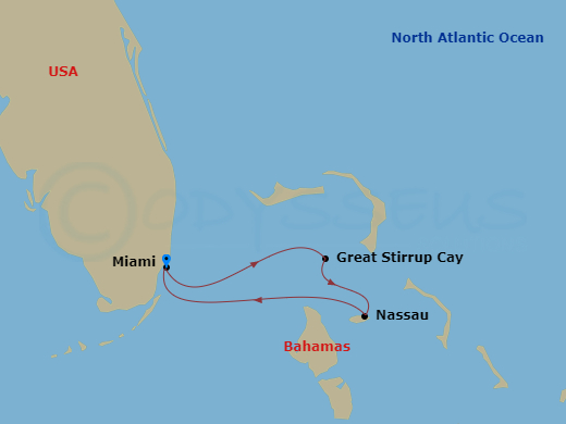 NCL Norwegian Joy - 4 Night - Bahamas - Short - NCL Norwegian Joy - Starting in Miami, Fl, Great Stirrup Cay, Bahamas, Nassau, Bahamas, Miami, Fl itinerary map