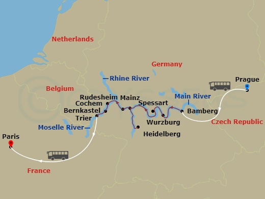 Viking Alsvin Cruise Tours - 11 Night - Cities of Light - Viking Alsvin Cruise Tours - Starting in Prague, Bamberg, Scenic Sailing : Main River, Spessart, Wurzburg, Heidelberg, Mainz, Rud.. itinerary map