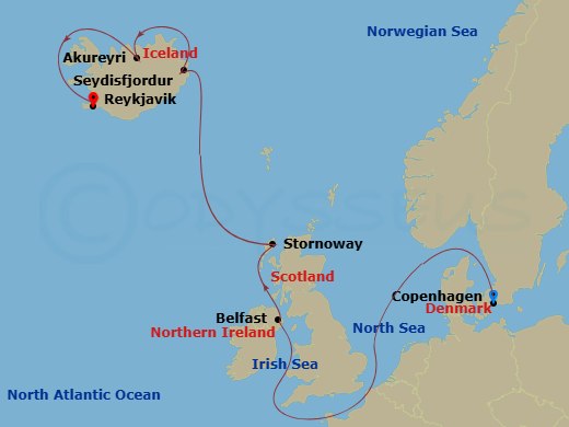 EXPLORA III - 8 Night - A Journey Through Nordic Discoveries & Geothermal Wonders - EXPLORA III - Starting in Southampton, Greencastle (County Donegal), Stornoway (Isle of.. itinerary map