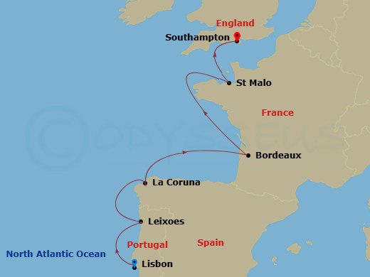 EXPLORA III - 7 Night - A Journey of Rich Culture & Full-Bodied Flavours - EXPLORA III - Starting in Lisbon, Porto (Leixoes), La Coruna (a Coruna), Bilbao, Pauillac, Saint-.. itinerary map