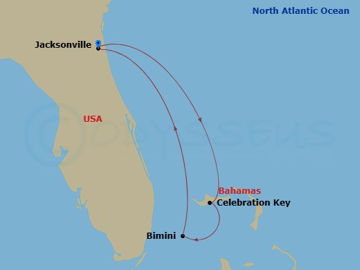 Carnival Elation - 4 Night - Bahamas - Carnival Elation - Starting in Jacksonville, FL, Celebration Key, the Bahamas, Bimini, the Bahamas, Ship Meetup, Jacksonville, FL itinerary map