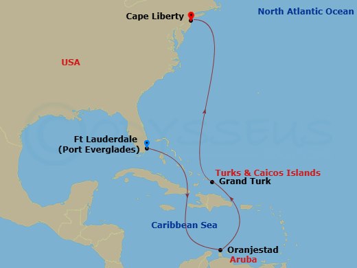 Celebrity Silhouette - 8 Night - Fort Lauderdale to Cape Liberty - Celebrity Silhouette - Starting in Fort Lauderdale, Florida, Oranjestad, Aruba, Grand Turk, Turks and Caicos, Cape.. itinerary map
