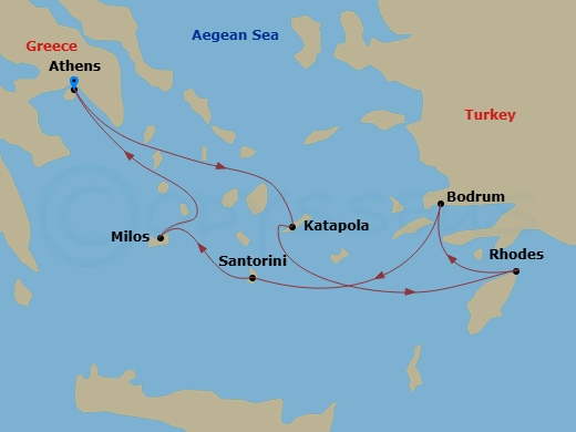 Evrima - 6 Night - Athens (Piraeus) / Athens (Piraeus) - Evrima - Starting in Athens (Piraeus), Amorgos, Rhodes, Bodrum, Santorini, Milos, Athens (Piraeus) itinerary map