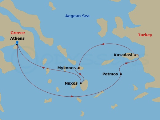 Evrima - 5 Night - Athens (Piraeus) / Athens (Piraeus) - Evrima - Starting in Athens (Piraeus), Patmos, Kusadasi, Mykonos, Naxos, Athens (Piraeus) itinerary map