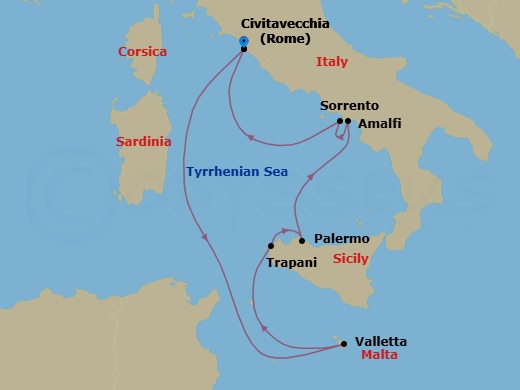 7 Night - Rome (Civitavecchia) / Rome (Civitavecchia) - Ilma - Starting in Rome (Civitavecchia), Valletta, Trapani, Palermo, Sicily, Amalfi, Sorrento, Rome (Civitavecchia) itinerary map