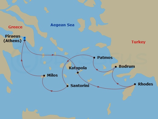 Ilma - 7 Night - Athens (Piraeus) / Athens (Piraeus) - Ilma - Starting in Athens (Piraeus), Amorgos, Rhodes, Bodrum, Patmos, Santorini, Milos, Athens (Piraeus) itinerary map