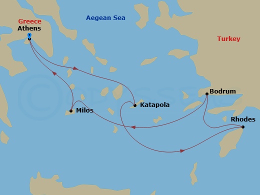 Ilma - 5 Night - Athens (Piraeus) / Athens (Piraeus) - Ilma - Starting in Athens (Piraeus), Amorgos, Rhodes, Bodrum, Milos, Athens (Piraeus) itinerary map