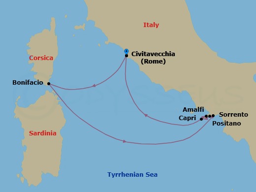 7 Night - Cruise Roundtrip from Rome (Civitavecchia) - SeaDream II - Starting in Rome (Civitavecchia), Bonifacio, Corsica, Amalfi, Positano, Capri, Sorrento, Rome (Civitavecchia) itinerary map