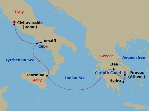 7 Night - Cruise from Athens (Piraeus) to Rome (Civitavecchia) - SeaDream II - Starting in Athens (Piraeus), Hydra, Corinth Canal Transit, Itea (Delphi), Sailing the Ionian Sea, Taormina (Mount Etna) Sicily, Capri, Amalfi, Rome (Civitavecchia) itinerary map