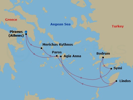 7 Night - Cruise Roundtrip from Athens (Piraeus) - SeaDream II - Starting in Athens (Piraeus), Paros, Symi, Bodrum, Lindos, Rhodes, Agia Anna, Naxos, Kythnos, Athens (Piraeus) itinerary map