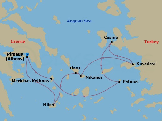7 Night - Cruise Roundtrip from Athens (Piraeus) - SeaDream II - Starting in Athens (Piraeus), Milos, Tinos, Mykonos, Kusadasi (Ephesus), Cesme, Patmos, Kythnos, Athens (Piraeus) itinerary map