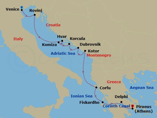 10 Night - Cruise from Venice to Athens (Piraeus) - SeaDream II - Starting in Venice, Rovinj, Hvar, Komiza, Vis Island, Korcula, Dubrovnik, Croatia, Kotor, Corfu, Fiskardo, Cephalonia, Galaxidi (Delphi), Corinth Canal Transit, Athens (Piraeus) itinerary map