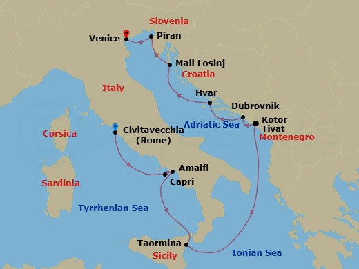 11 Night - Cruise from Rome (Civitavecchia) to Venice - SeaDream II - Starting in Rome (Civitavecchia), Capri, Amalfi, Taormina (Mount Etna) Sicily, Sailing the Gulf of Squillace, Porto Montenegro (Tivat), Kotor, Dubrovnik, Croatia, Hvar, Mali Losinj, Piran, Venice itinerary map