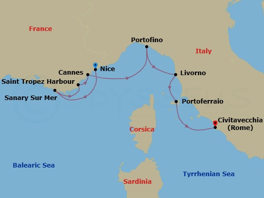 7 Night - Cruise from Nice to Rome (Civitavecchia) - SeaDream II - Starting in Nice, Sanary-sur-mer, St Tropez, Cannes, Portofino, Livorno (Florence), Portoferraio, Elba, Rome (Civitavecchia) itinerary map