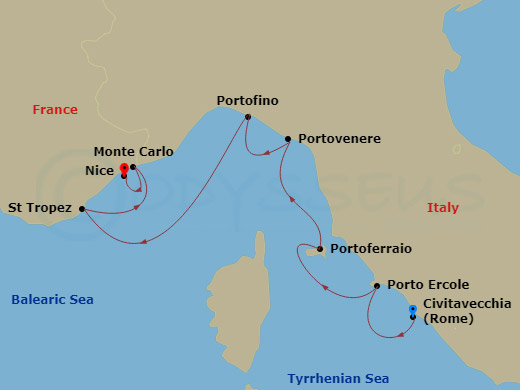 SeaDream II - 7 Night - Cruise from Rome (Civitavecchia) to Nice - SeaDream II - Starting in Rome (Civitavecchia), Porto Ercole, Portoferraio, Elba, Porto Venere (Cinque Te.. itinerary map