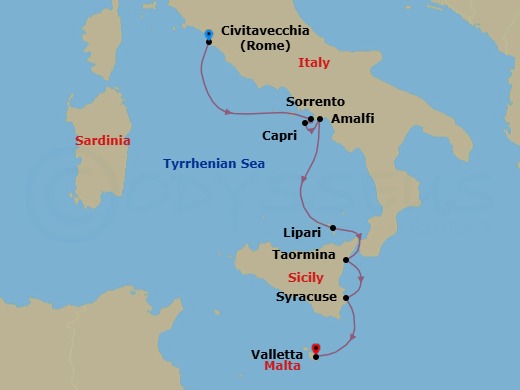 7 Night - Cruise from Rome (Civitavecchia) to Valletta - SeaDream II - Starting in Rome (Civitavecchia), Sorrento, Capri, Amalfi, Lipari, Aeolian Islands, Taormina (Mount Etna) Sicily, Syracuse IT, Sicily, Valletta itinerary map