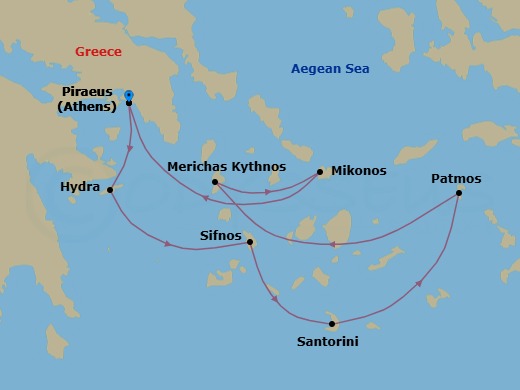 7 Night - Cruise Roundtrip from Athens (Piraeus) - SeaDream II - Starting in Athens (Piraeus), Hydra, Sifnos Island, Santorini, Patmos, Kythnos, Mykonos, Athens (Piraeus) itinerary map