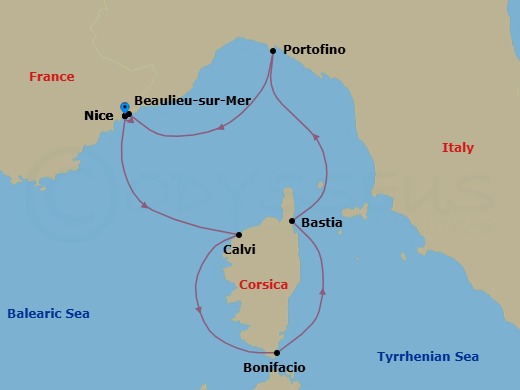7 Night - Cruise Roundtrip from Nice - SeaDream II - Starting in Nice, Calvi, Corsica, Bonifacio, Corsica, Bastia, Corsica, Portofino, Beaulieu-sur-Mer, Nice itinerary map