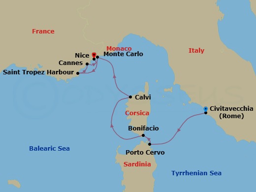 7 Night - Cruise from Rome (Civitavecchia) to Nice - SeaDream II - Starting in Rome (Civitavecchia), Porto Cervo, Sardinia, Bonifacio, Corsica, Calvi, Corsica, Monte Carlo, St Tropez, Cannes, Nice itinerary map