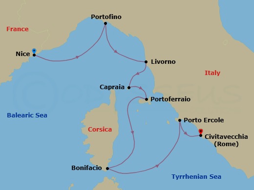 7 Night - Cruise from Nice to Rome (Civitavecchia) - SeaDream II - Starting in Nice, Portofino, Livorno (Florence), Capraia, Portoferraio, Elba, Bonifacio, Corsica, Porto Ercole, Rome (Civitavecchia) itinerary map