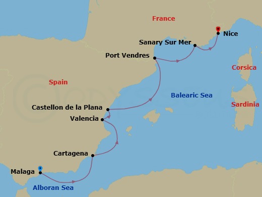 7 Night - Cruise from Malaga to Nice - SeaDream II - Starting in Malaga, Cartagena ES, Valencia, Castellon, Port-Vendres, Sanary-sur-mer, Nice itinerary map