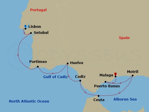 8 Night - Cruise from Lisbon to Malaga - SeaDream II - Starting in Lisbon, Setubal, Portimao, Algarve, Huelva, Cadiz, Ceuta, Motril, Puerto Banus, Malaga itinerary map