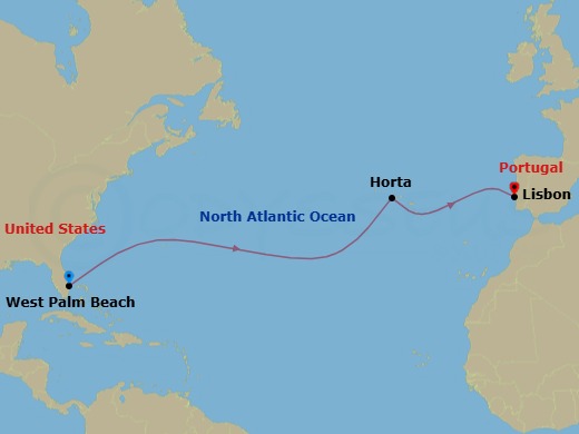 14 Night - Cruise from West Palm Beach to Lisbon - SeaDream II - Starting in Palm Beach, Horta, Azores, Lisbon itinerary map