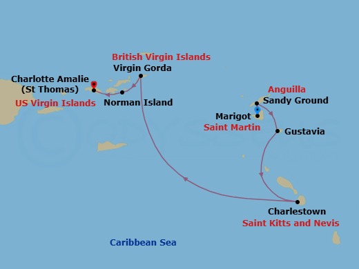 7 Night - Cruise from Marigot to St Thomas (Charlotte Amalie) - SeaDream II - Starting in Marigot, Sandy Ground, Gustavia, Charlestown, Nevis, South Friars Bay, Spanish Town, Virgin Gorda, Leverick Bay, Virgin Gorda, Norman Island, Charlotte Amalie, St Thomas itinerary map