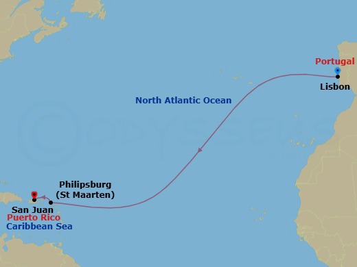 13 Night - Cruise from Lisbon to San Juan - SeaDream II - Starting in Lisbon, Philipsburg, San Juan itinerary map