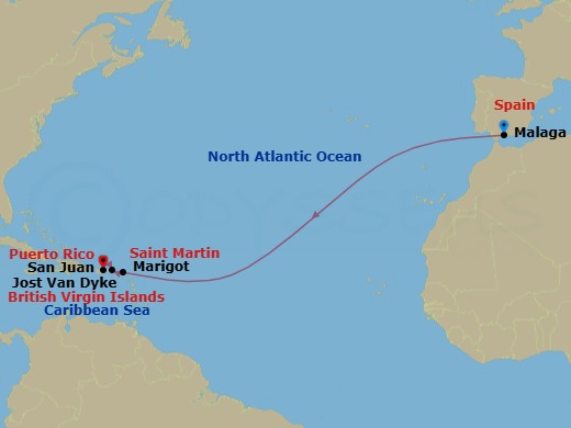 14 Night - Cruise from Malaga to San Juan - SeaDream I - Starting in Malaga, Marigot, White Bay, Jost van Dyke, San Juan itinerary map