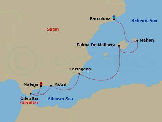 8 Night - Cruise from Barcelona to Malaga - SeaDream I - Starting in Barcelona, Mahon, Menorca, Balearic Islands, Palma de Mallorca, Balearic Islands, Cartagena ES, Motril, Gibraltar, Malaga itinerary map
