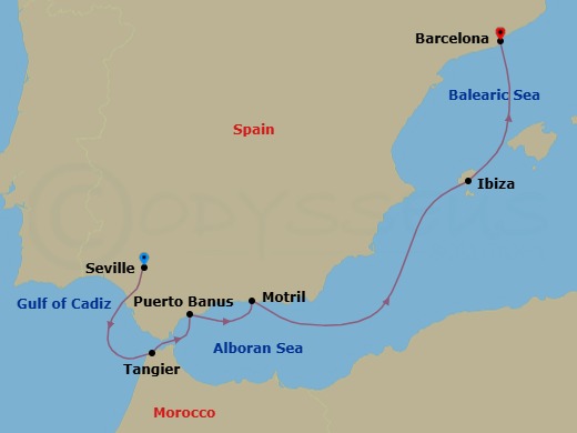 7 Night - Cruise from Seville to Barcelona - SeaDream I - Starting in Seville, Tangier, Puerto Banus, Motril for Granada, Ibiza, Balearic Islands, Barcelona itinerary map