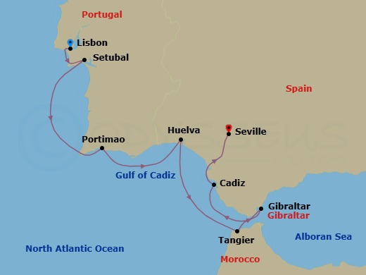 8 Night - Cruise from Lisbon to Seville - SeaDream I - Starting in Lisbon, Setubal, Portimao, Algarve, Huelva, Tangier, Gibraltar, Cadiz, Seville itinerary map