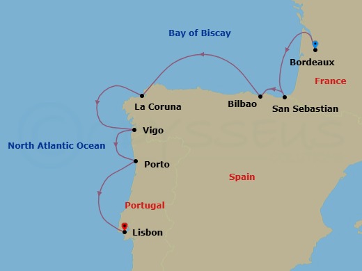 8 Night - Cruise from Bordeaux to Lisbon - SeaDream I - Starting in Bordeaux, San Sebastian, Bilbao, Sailing the Cantabrian Sea, A Coruna, Vigo (Baiona), Galicia, Porto, Lisbon itinerary map