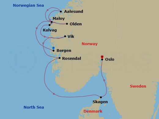 7 Night - Cruise from Bergen to Oslo - SeaDream I - Starting in Bergen, Olden, Fjords Scenic Sailing, Alesund, Maloy, Kalvag, Vik, Rosendal, Skagen, Oslo itinerary map