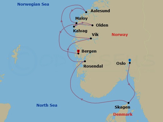 7 Night - Cruise from Oslo to Bergen - SeaDream I - Starting in Oslo, Skagen, Rosendal, Vik, Fjords Scenic Sailing, Alesund, Maloy, Kalvag, Olden, Bergen itinerary map