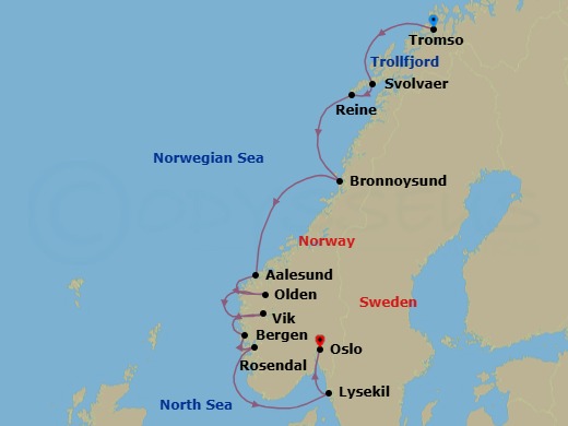 10 Night - Cruise from Tromso to Oslo - SeaDream I - Starting in Tromso, Trollfjord Scenic Sailing, Svolvar, Lofoten Islands, Reine, Lofoten Islands, Bronnoysund, Alesund, Olden, Vik, Bergen, Rosendal, Lysekil, Oslo itinerary map