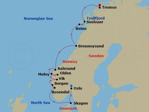 11 Night - Cruise from Oslo to Tromso - SeaDream I - Starting in Oslo, Skagen, Rosendal, Bergen, Vik, Olden, Maloy, Alesund, Bronnoysund, Reine, Lofoten Islands, Svolvar, Lofoten Islands, Trollfjord Scenic Sailing, Tromso itinerary map