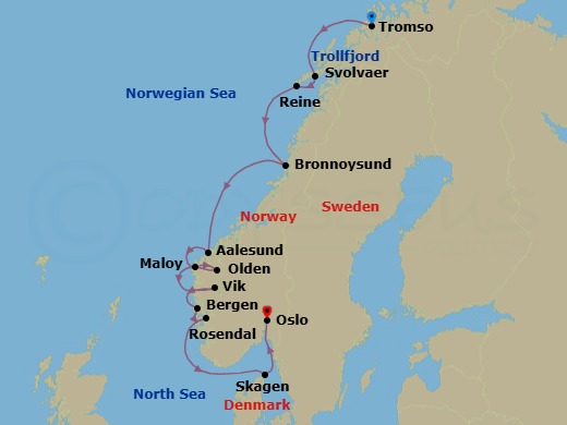 11 Night - Cruise from Tromso to Oslo - SeaDream I - Starting in Tromso, Trollfjord Scenic Sailing, Svolvar, Lofoten Islands, Reine, Lofoten Islands, Bronnoysund, Alesund, Maloy, Olden, Vik, Bergen, Rosendal, Skagen, Oslo itinerary map