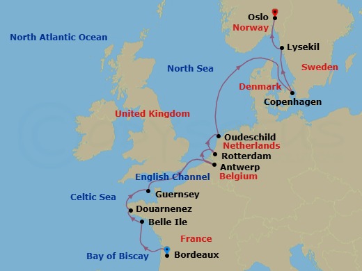 12 Night - Cruise from Bordeaux to Oslo - SeaDream I - Starting in Bordeaux, Belle Ile, Douarnenez, Guernsey, Channel Islands, Antwerp, Rotterdam, Oudeschild, Texel Island, Kiel Canal Transit, Copenhagen, Lysekil, Oslo itinerary map