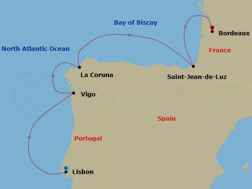 8 Night - Cruise from Lisbon to Bordeaux - SeaDream I - Starting in Lisbon, Vigo (Baiona), Galicia, A Coruna, Sailing the Cantabrian Sea, Saint-Jean-de-Luz, Bordeaux itinerary map