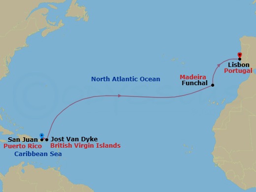 14 Night - Cruise from San Juan to Lisbon - SeaDream I - Starting in San Juan, White Bay, Jost van Dyke, Funchal, Madeira, Lisbon itinerary map