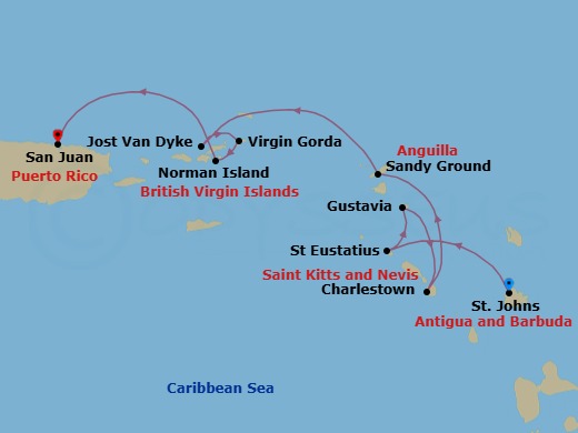 7 Night - Cruise from St. Johns to San Juan - SeaDream I - Starting in St Johns AG, Sint Eustatius, Gustavia, Charlestown, Nevis, Sandy Ground, White Bay, Jost van Dyke, Spanish Town, Virgin Gorda, Norman Island, San Juan itinerary map