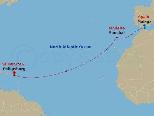 SeaDream I - 13 Night - Cruise from Malaga to St Maarten (Philipsburg) - SeaDream I - Starting in Malaga, Funchal, Madeira, Philipsburg itinerary map