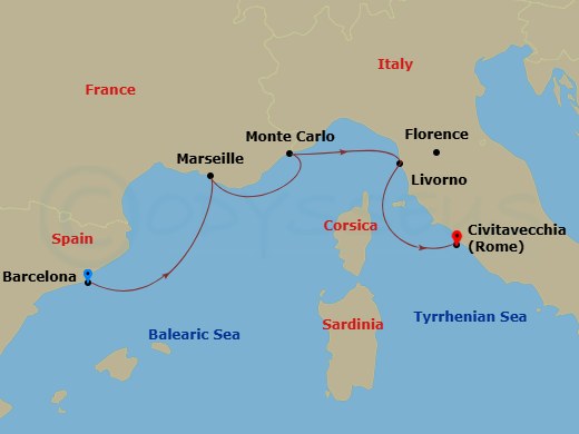 Viking Vesta - 7 Night - Iconic Western Mediterranean - Viking Vesta - Starting in Barcelona, Marseille, Monte Carlo, Florence / Pisa (Livorno), Rome (Civitavecchia) itinerary map